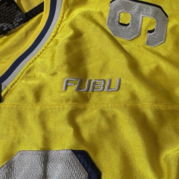 VTG FUBU 92 Football Jersey XL Yellow Silver 2000s Hip Hop Streetwear Rare - Picture 9 of 13